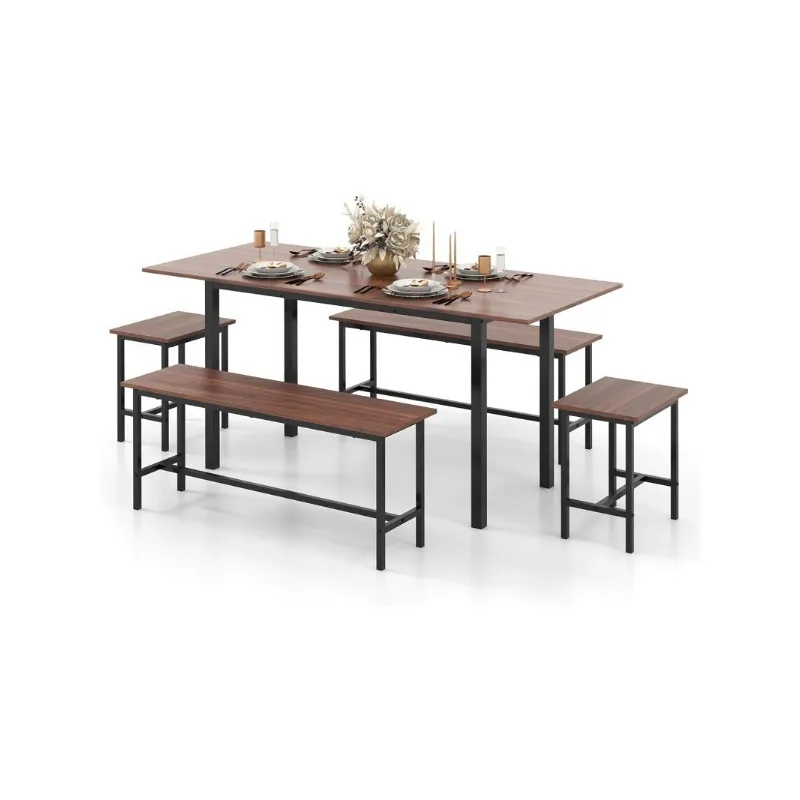 Dining Table Set for 4-6, 5-Piece Kitchen Table Chairs Set, 63” Extendable   with 2 Benches, 2 Stools, Dinette