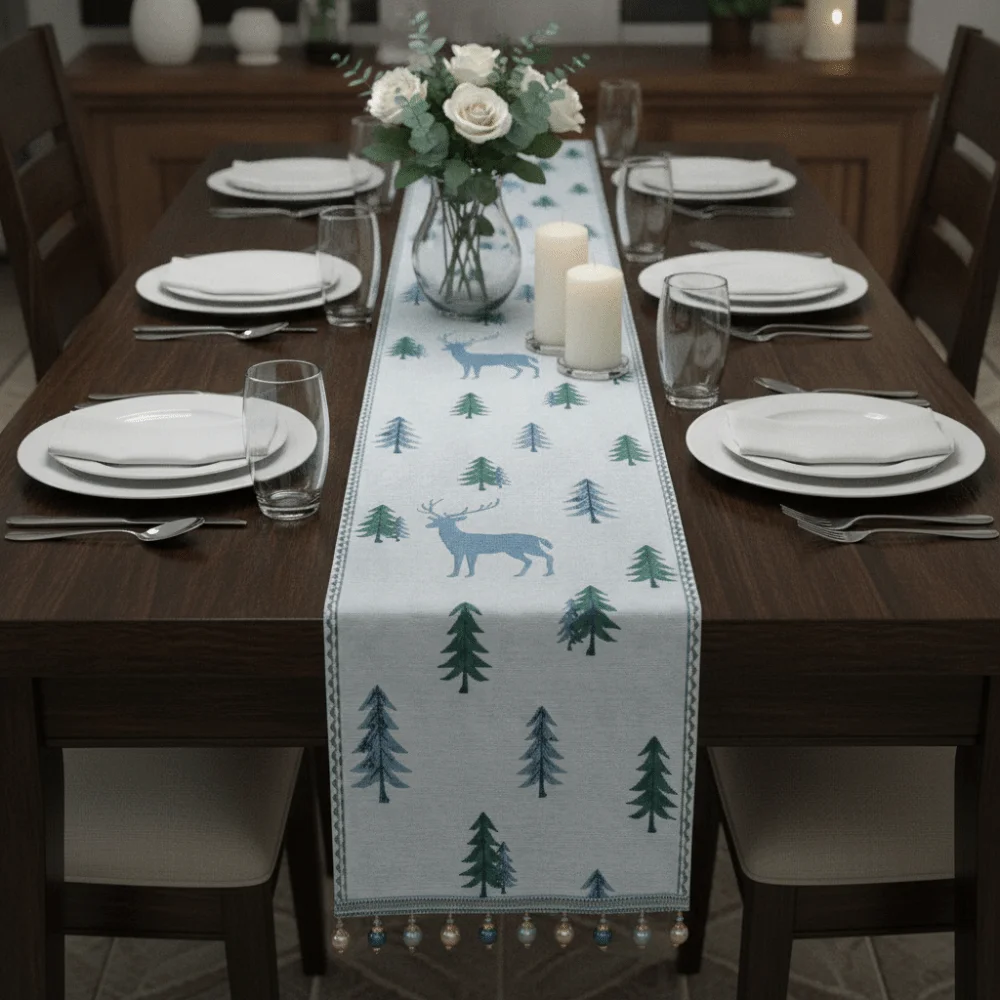Embroidery Pattern Christmas Tree Elk Table Runner with Tassel Ball Soft Table Linen Thickened Stain-resistant Table Cover