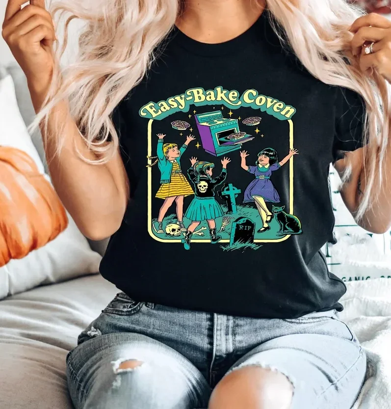 قميص كوفين سهل الخبز قميص الهالوين الرجعية قميص الهالوين الساحر تي شيرت ريترو للهالوين بياقة دائرية قمصان ساحرة خريف مخيف Crewnecks
