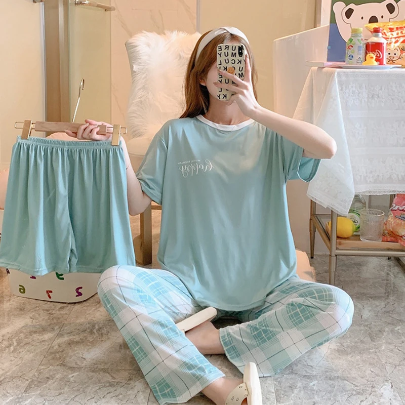 3 Sets Of New Summer Women\'s Pajamas Set Of Short-Sleeved Long Pants Casual Girls Homewear Sets Teenage Homewear