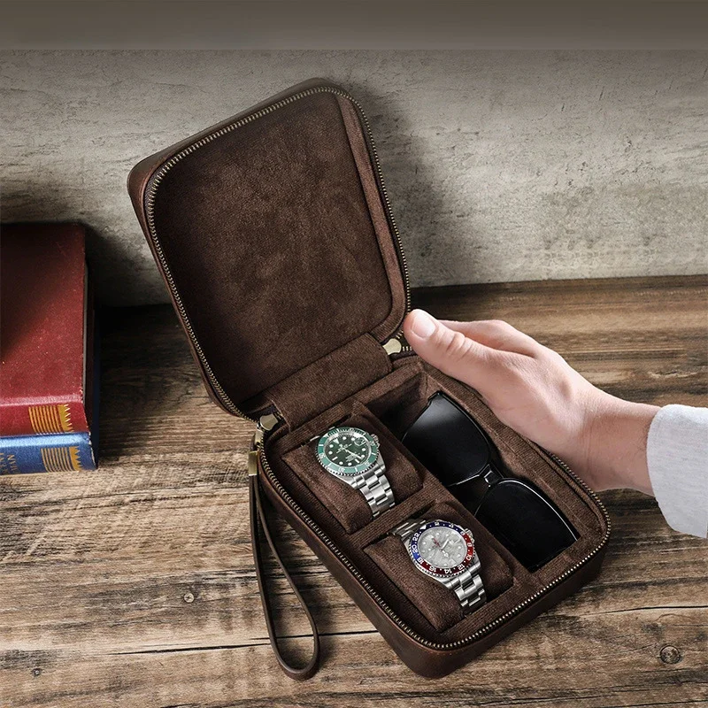 Retro Multi Functional Storage Portable Travel Glasses Watch Storage Case 2 Slots Genuine Leather Gift Boxes Customization Logo