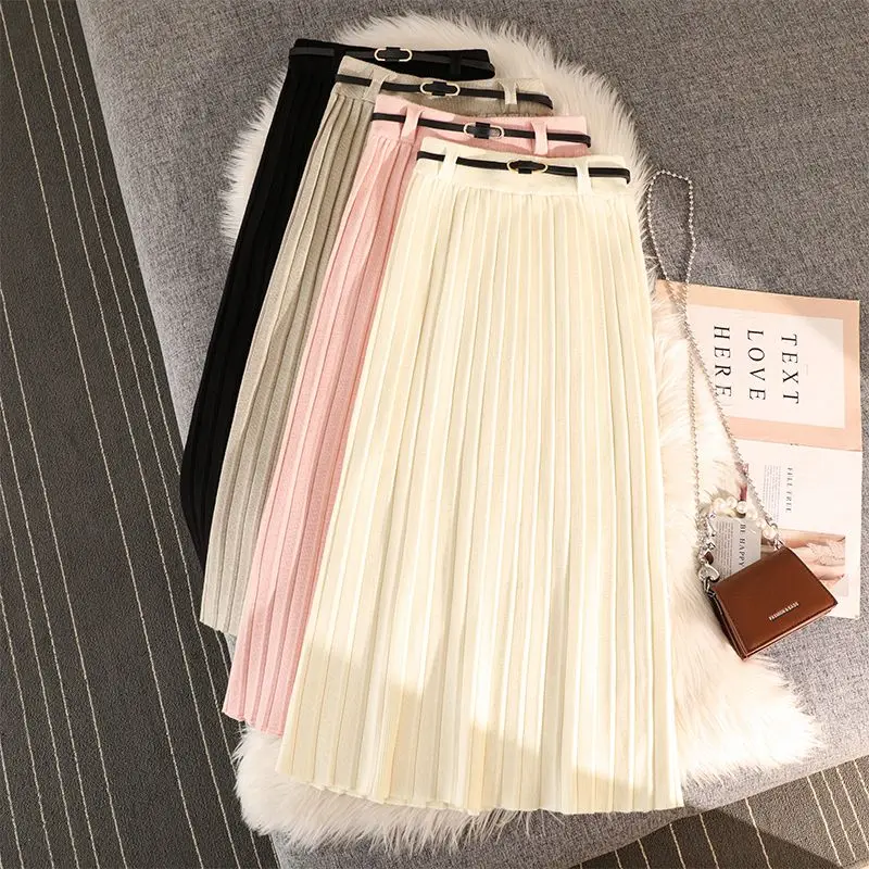 Knitted Pleated Korean Fashion Women Giris Y2k High Waist A Line Clothes Elegant Ladies Temperament Female Clothes Skirt