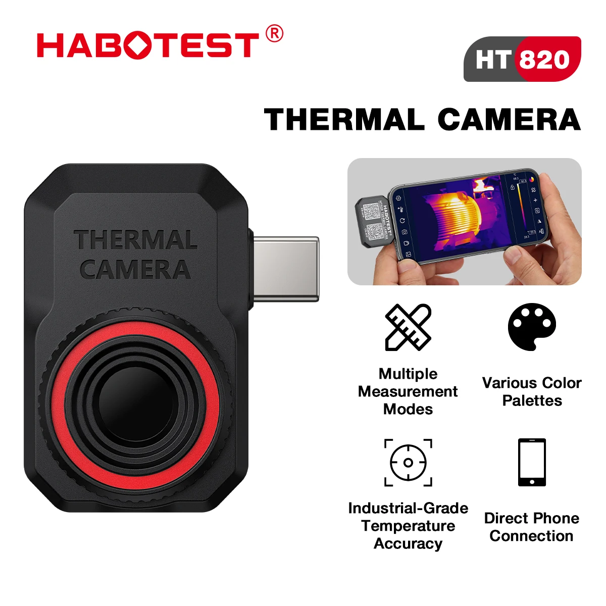 Habotest HT820 256*192 Android Type-C Thermal Imager 25Hz for Solar Panel Power Device Fault Detec Mobile Thermal Imaging Camera