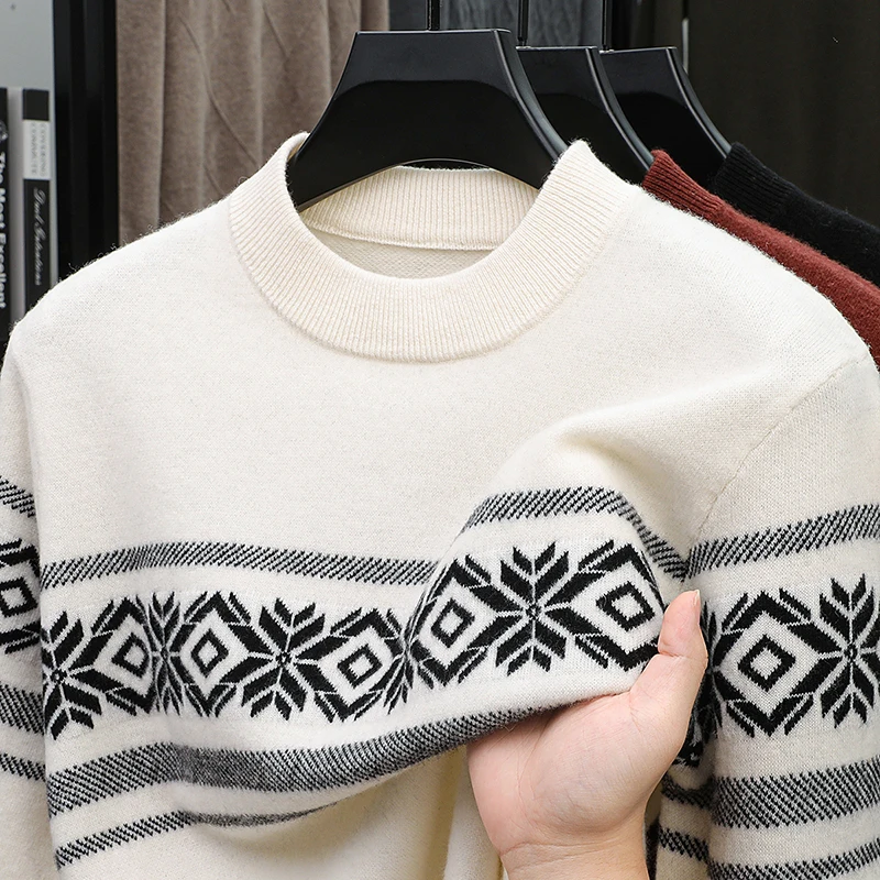 

100% шерсть, мужской роскошный осенне-зимний свитер с круглым вырезом, жаккардовый свитер с 12 вышивкой, сохраняющий тепло, свитер с длинными рукавами, модный изысканный топ