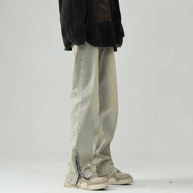 

American Retro Vibe Men’s Jeans High Street Trendy Brand Style Zipper Split at the Hem and Classic Flared Cut