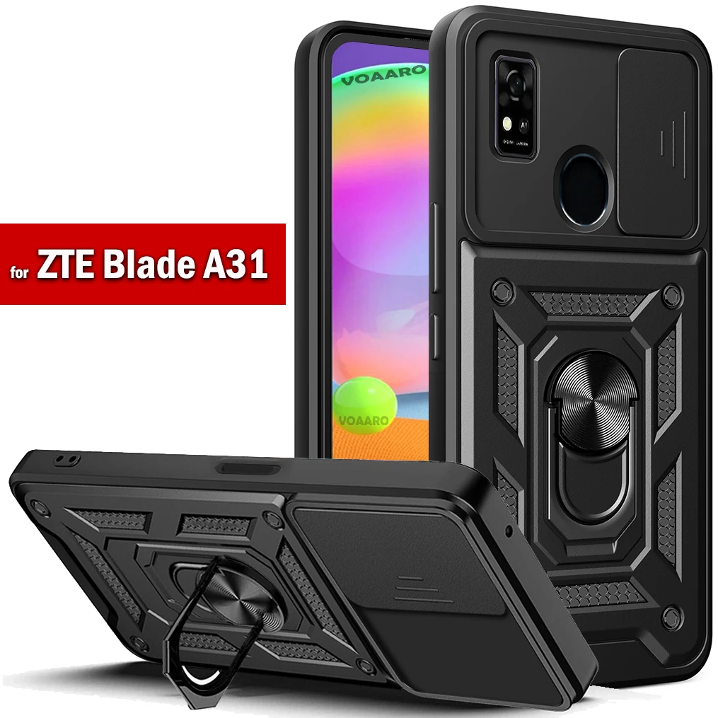 Slide Lens Protect Funda for ZTE Blade A31 Case Magnetic Ring Stand Holder Cover for ZTE Blade A31 Armor Case fingerprint Hole