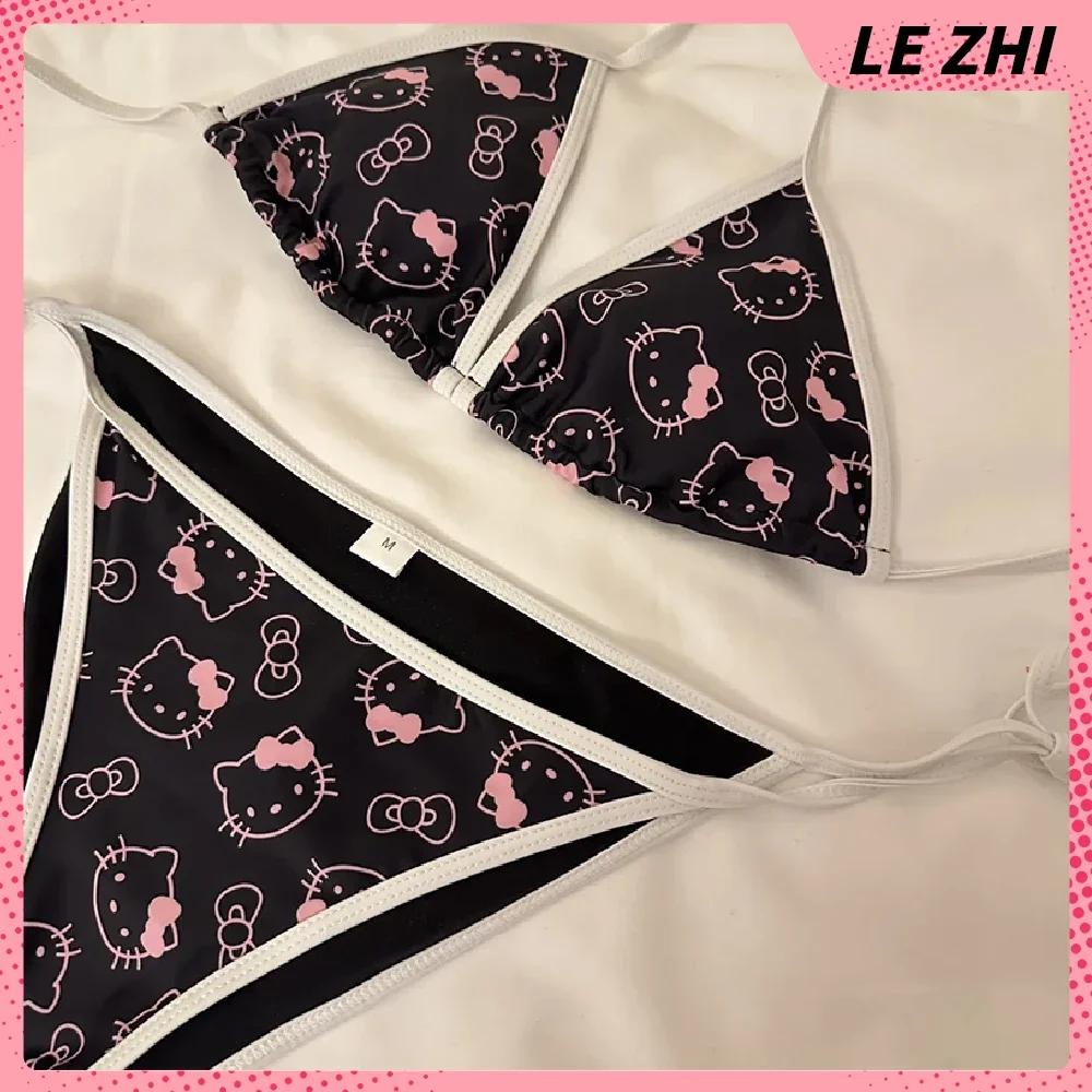 Summer Day Sanrio Hello Kitty Cartoon Pajama Bikini Set Y2K Suits Womens Sleep Bottoms Lounge Home Wear Beachwear Two-Piece