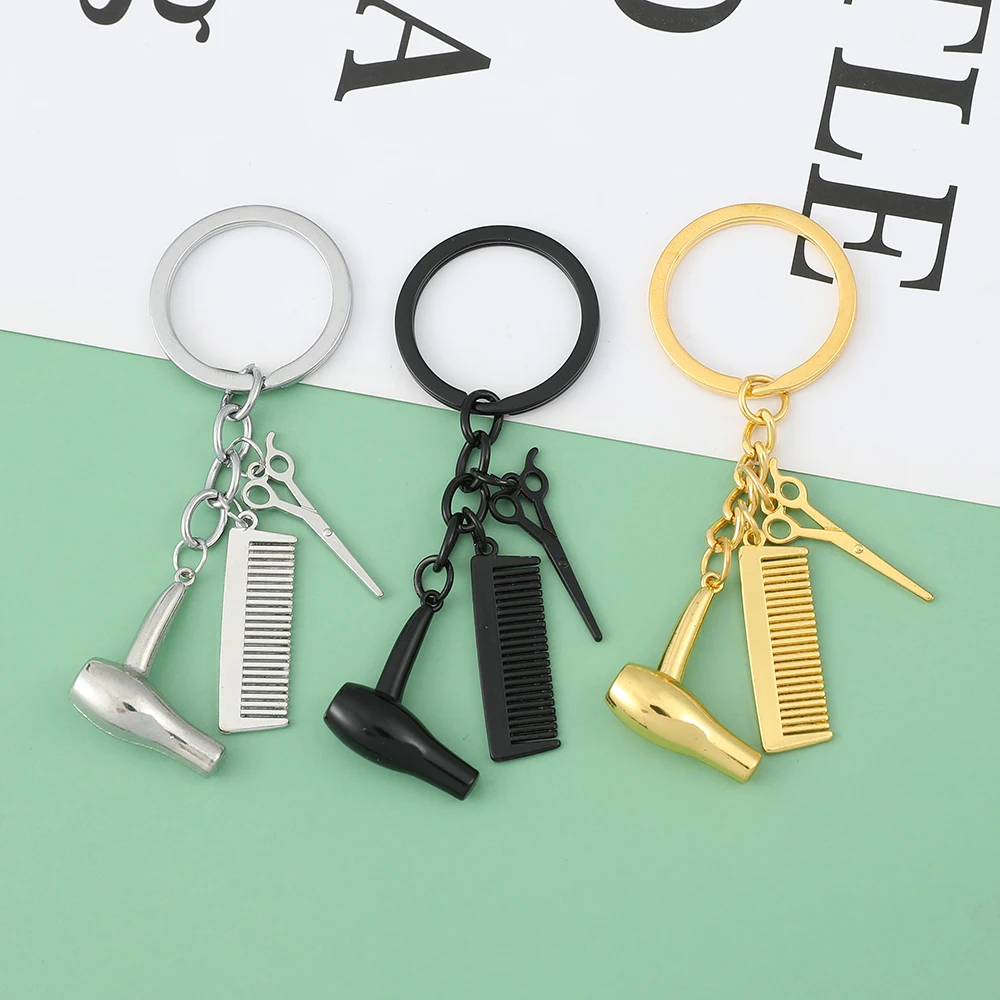 Mini Hair Dryer Scissor Comb Keychain Hairstylist Keyring Hairdressing Salon Creative Gift for Men Car Backpack Pendant Accessor