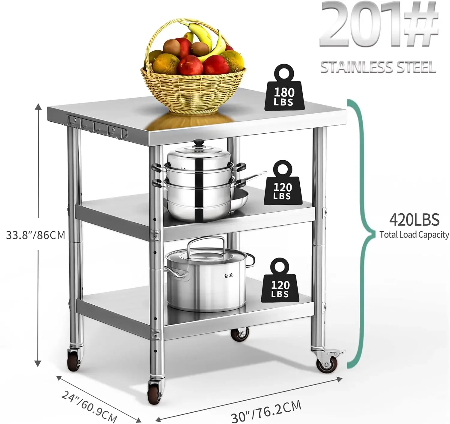 Mesa de acero inoxidable, mesa de trabajo de 30" x 24" con ruedas, mesa de preparación de mesa de metal de 3 estantes para cocina casera