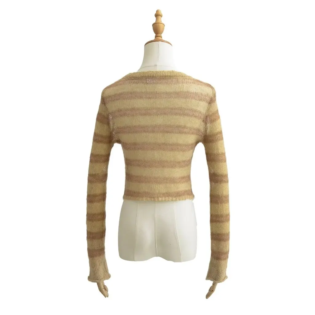 

Women's Retro Striped Long Sleeve Sweater Thin Contrast Color INS Autumn Loose Sun Protection Short Blouse for Hot Girls