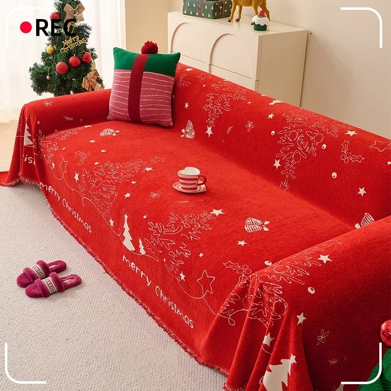

Christmas Sofa Cover with Tassel Yarn-Dyed Full Coverage Anti-Slip Couch L Shaped Sectional Slipcover Festival Sofa Nap Blankets