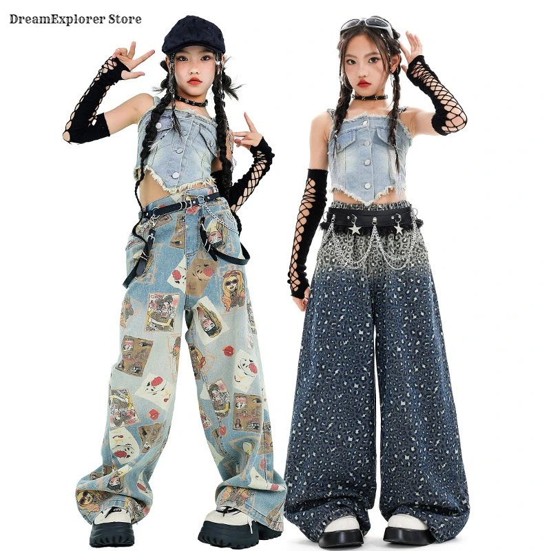 Girls Hip Hop Crop Denim Top Poker Jeans Kids K-pop Leopard Loose Pants Street Dance Clothes Sets Children Girl Group Costumes