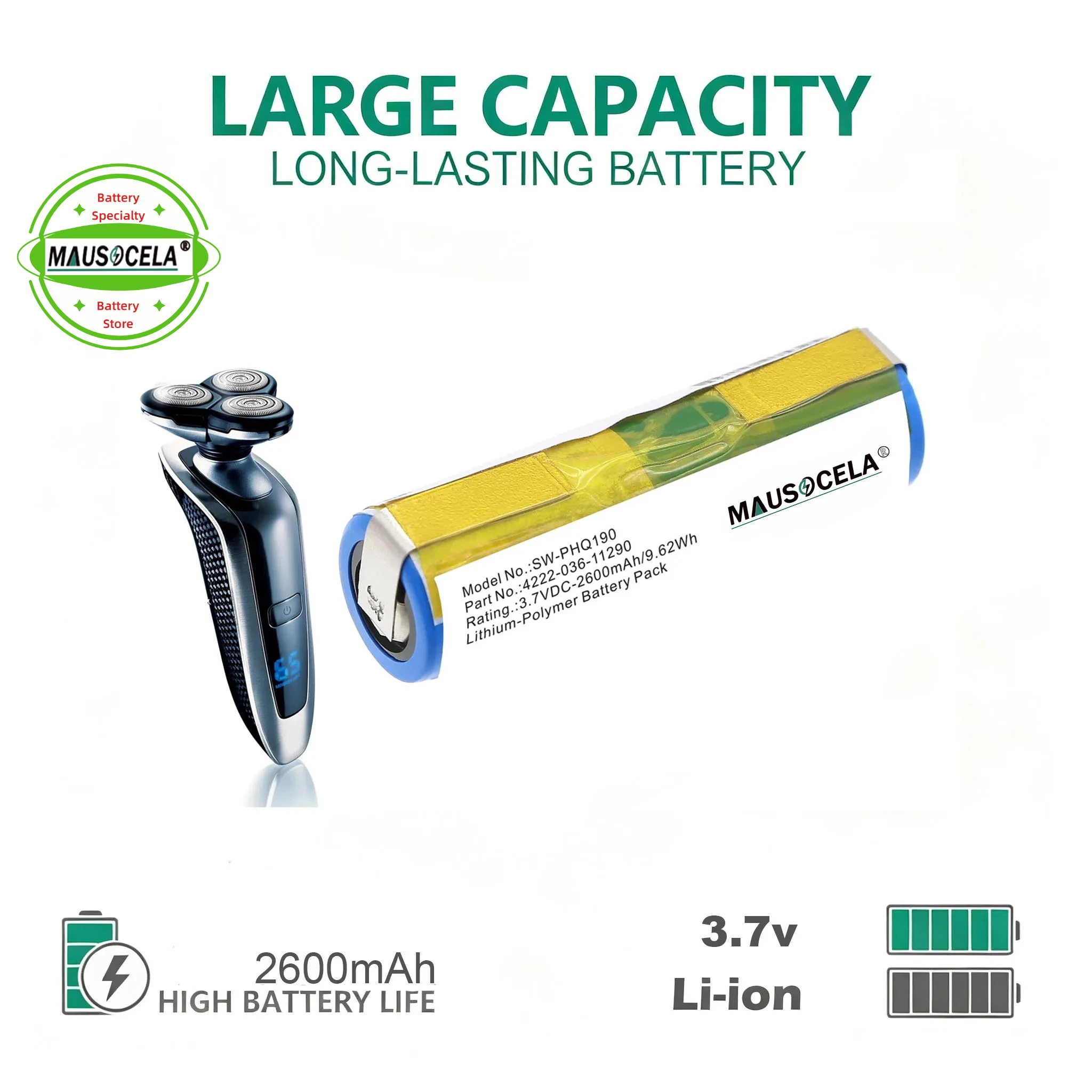 2600mAh Li-Polymer Replacement Battery Part 036-11290 Fits Philips Norelco Shaver & HX Electric Toothbrush Repair Pack