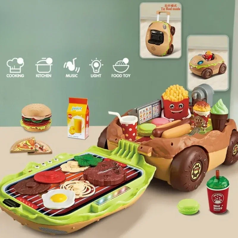 

Kids Pretend Play Set Portable Suitcase Box Fast Food Kitchen Set Easy Storage Cooking Toys with Light and Sound