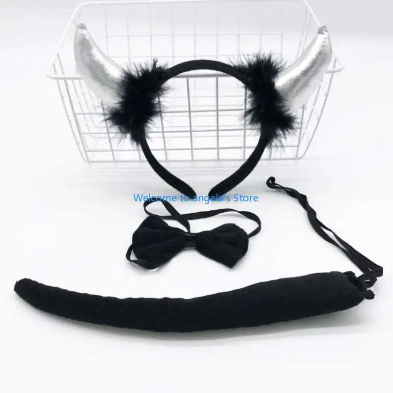 X4YC Devil Ears Headband Bow Tie Tail Set Cosplays Performances Prop for Women Kids