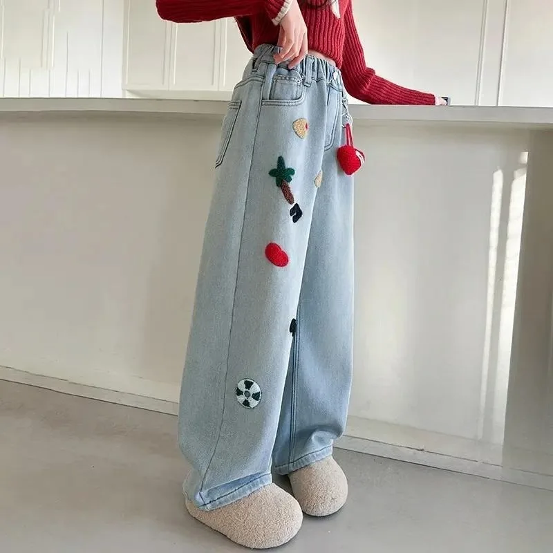 Autumn/Winter 2025 New Style Fleece-Lined Jeans for Girl Children - Warm Integrated Fleece Pants for Tween Girls Winter Outfits