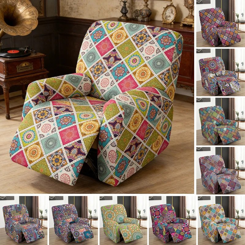 Pastoral Stretch Recliner Cover 1 Seat Slipcover with Elastic Bottom Straps Universal Fit for Massage Chair Armchair Living Room