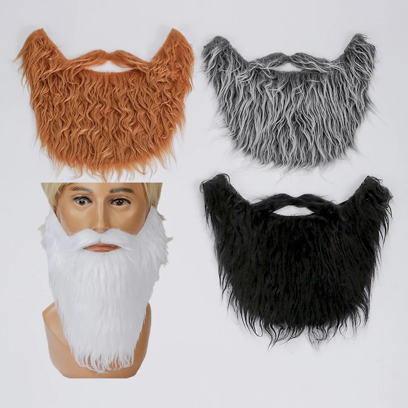 Fake Beard Mustache for Halloween Cosplay, Long Curly Synthetic Hair False Facial Hair for Santa Claus, Viking, Dwarf Costume Pa