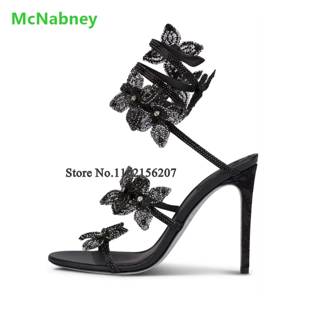 

Flowers Luxury Design Thin High Heel Sandals For Female Women 2024 Sexy Elegant Fashion Runway Ankle Strap Shallow Summer Shoes