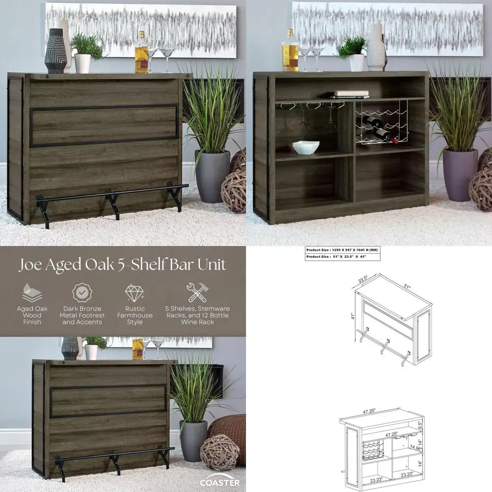 

Rustic 5-Tier Home Bar Unit with Wine and Liquor Storage in Aged Oak Finish