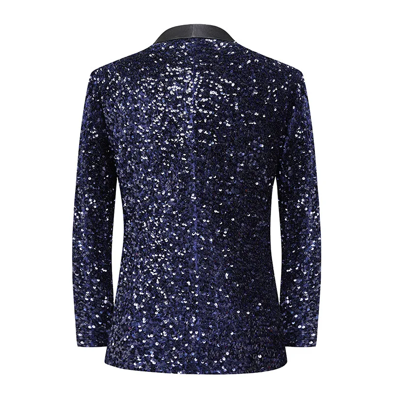 Evening Celebrate Banquet Tuxedo Men's Singer Stage Performance Host Dress Blazer Navy Blue Shawl Collar Sequins Suit Jacket