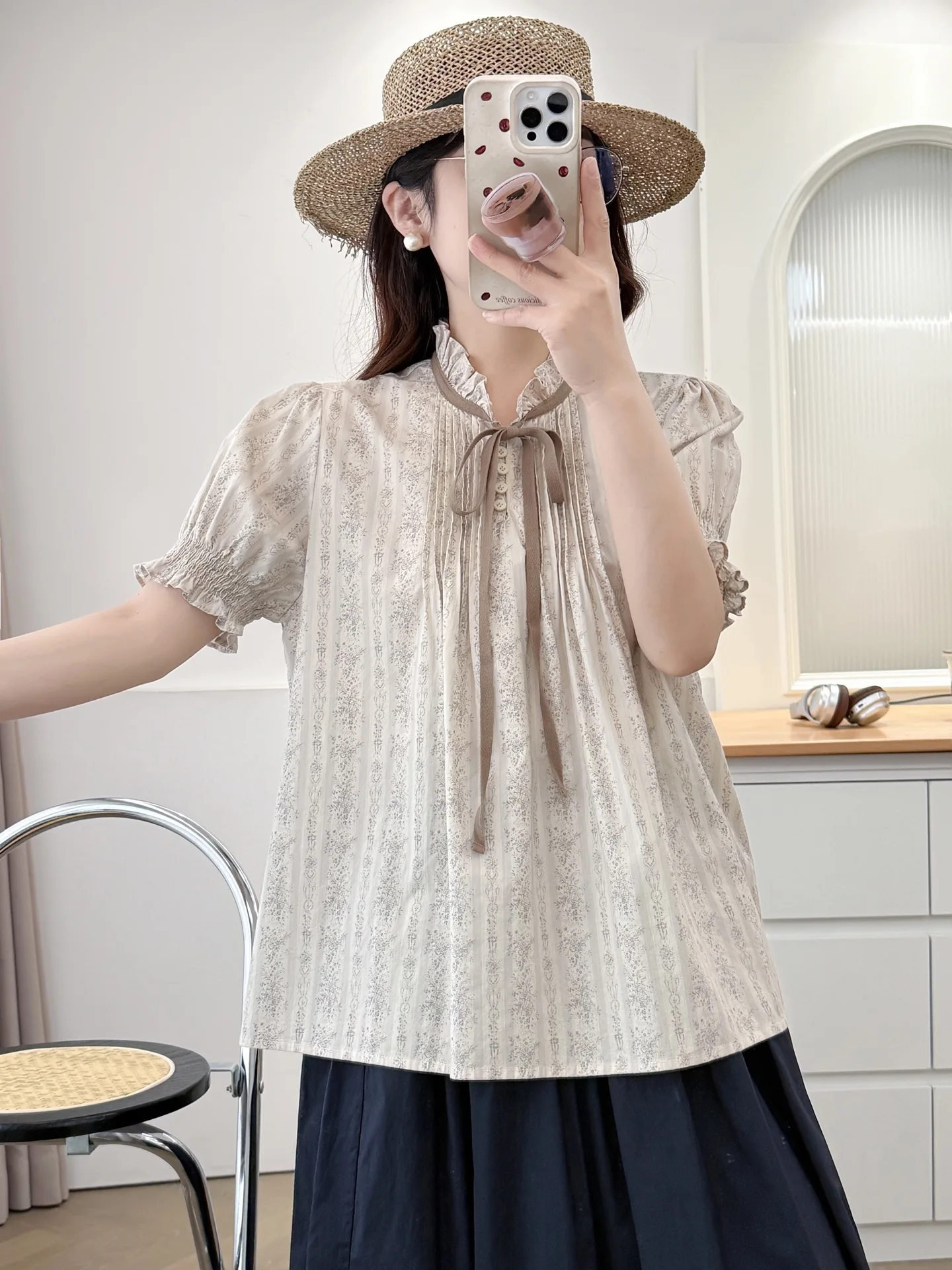 ใหม่2025ฤดูร้อนผ้าฝ้ายพัฟแขนเสื้อผู้หญิงยืนพิมพ์Lace-Up, Moriสาวภาษาฝรั่งเศสคําVINTAGE Casualหลวมเสื้อt55818CC