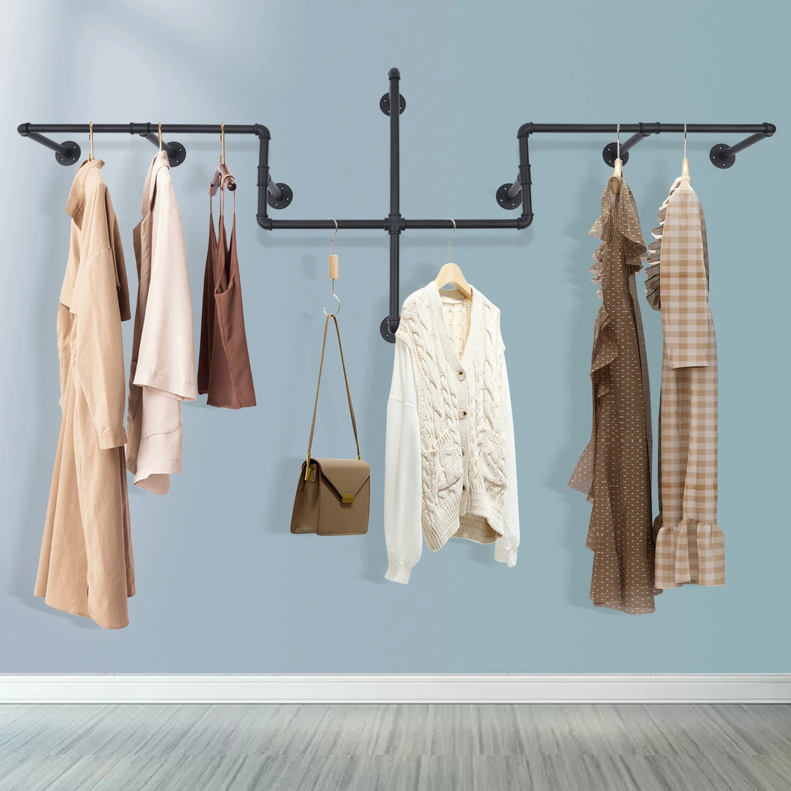 

Wall Mounted Clothes Rack Clothing Garment Display Rack Retail Industrial Pipe Clothes Hanger Cloth Display Rack Wall-mounted