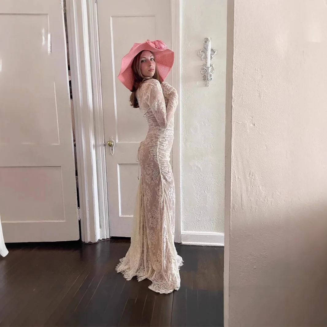 Vestido maxi de renda branca sexy, decote quadrado, vestido de noite fino, outono, design elegante, roupas femininas vintage, vestido de verão