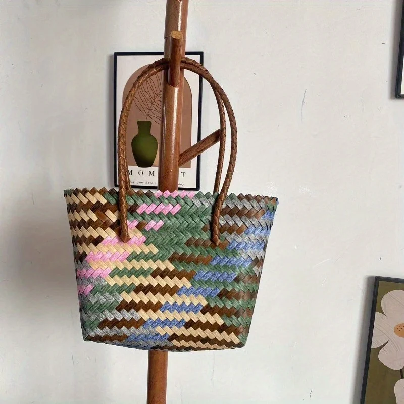 

Retro Imitation Rattan Woven Bag Women's Boho Handbag Summer Beach Large Capacity Shoulder Bag