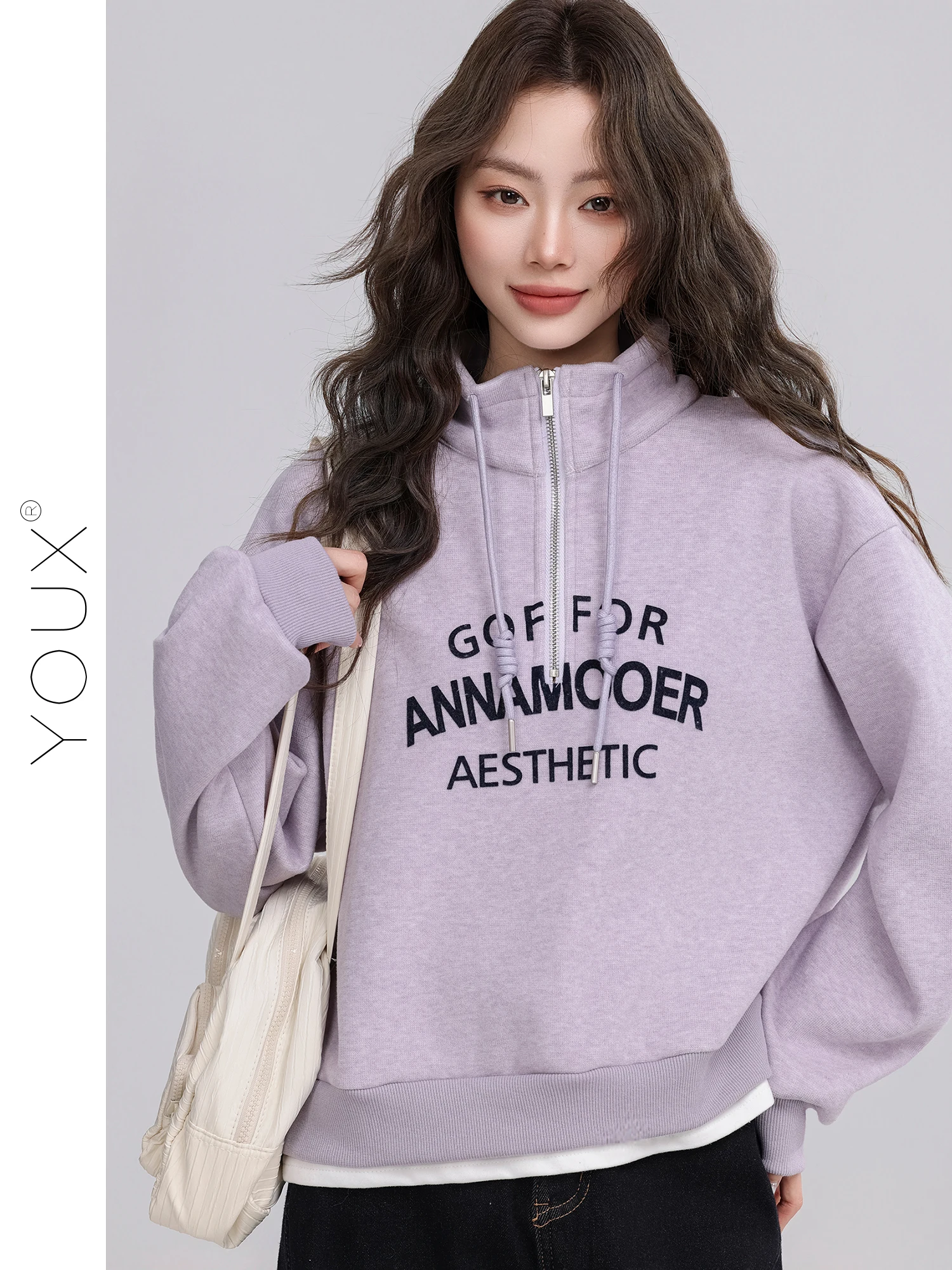 

Женская зимняя толстовка в американском стиле с флисовой подкладкой, пэчворк, свободный крой, на молнии до середины, с принтом, из смесового полиэстера и хлопка