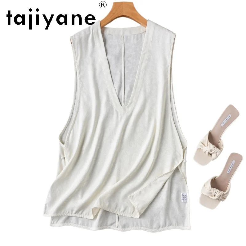 

TAJIYANE 100% Real Mulberry Silk Women's Tanks Elegant White Vest Deep V-Neck Loose Layering Summer Tops 2026 Woman Clothes топ