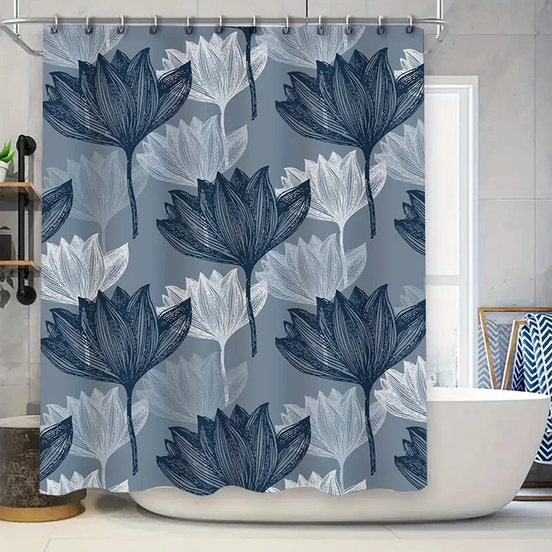 Cortina de ducha floral blanca y azul inspirada en art déco, decoración moderna para el baño, tela azul marino oscuro con estampado blanco para áreas húmedas en el hogar