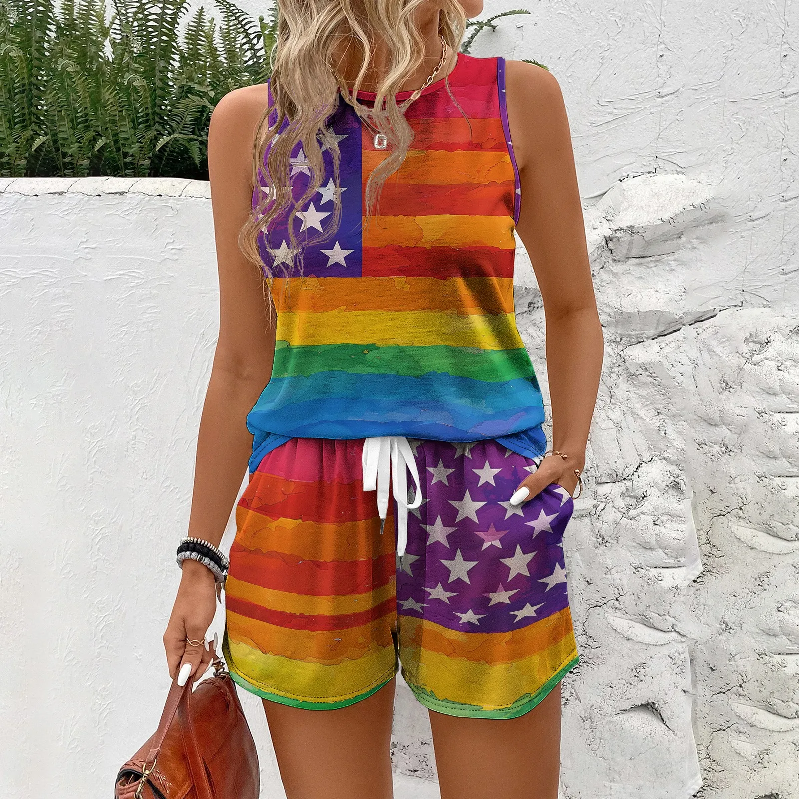 

Women’s LGBT Sleeveless Vest Shorts Rainbow Two Piece Set Summer Casual Home Wear Fashion Simple Ladies Vacation Outfit National