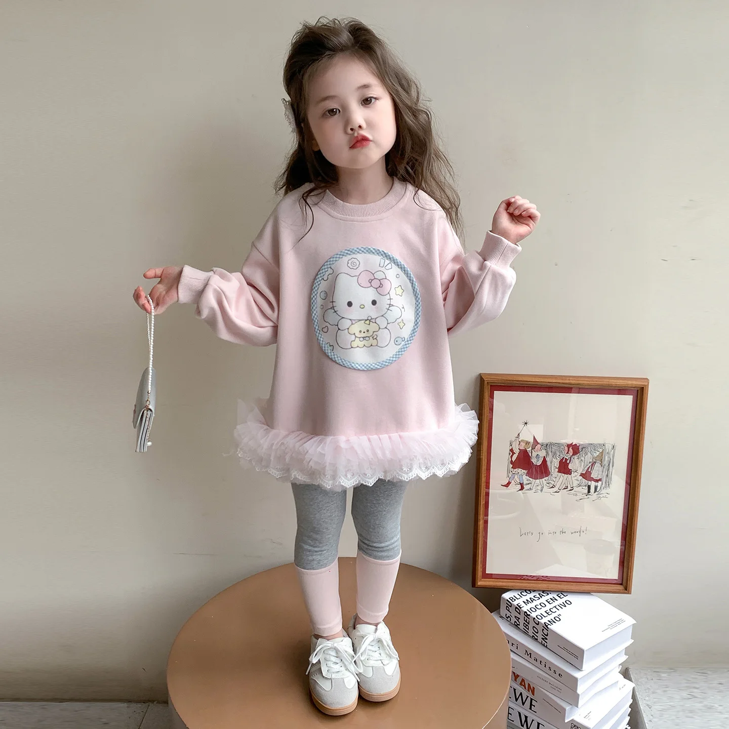 

2Pcs Anime Hello Kitty Girls' Set Sweet Children's Mesh Splicing Hoodie Skirt Bottom Pants Two Piece Set Spring Autumn Clothing