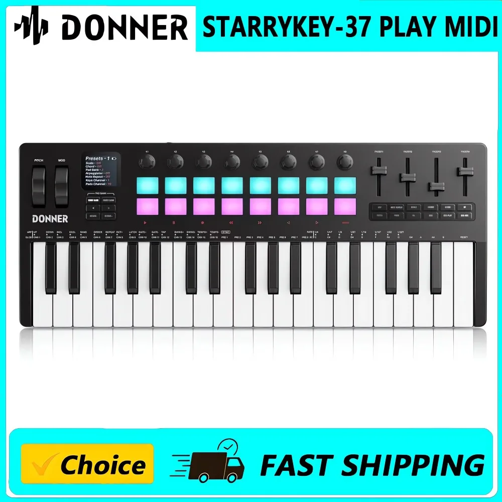 

Портативный MIDI-контроллер Donner STARRYKEY-37 PLAY, 37 клавиш, 128 встроенних звуков, 16 драм-пэдов