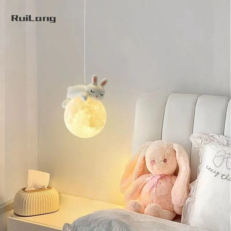 Cartoon Rabbit Moon Chandelier Kids Room Girl Boys Bedroom Bedside Pendant Light White Decor Nursery Baby Children Hanging Lamp