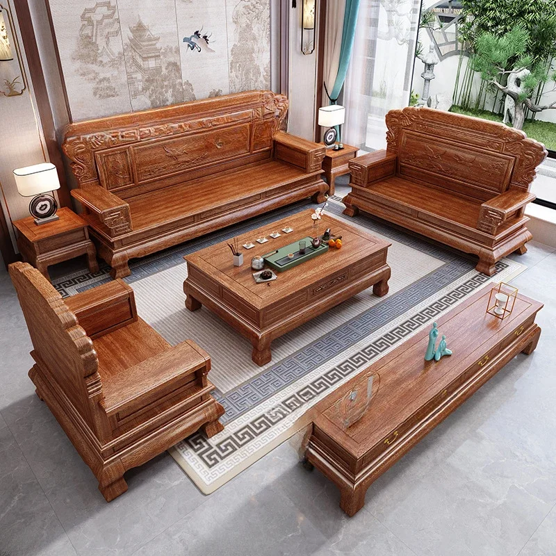 Golden rosewood solid wood sofa living room combination set villa winter and summer dual-purpose furniture sofa