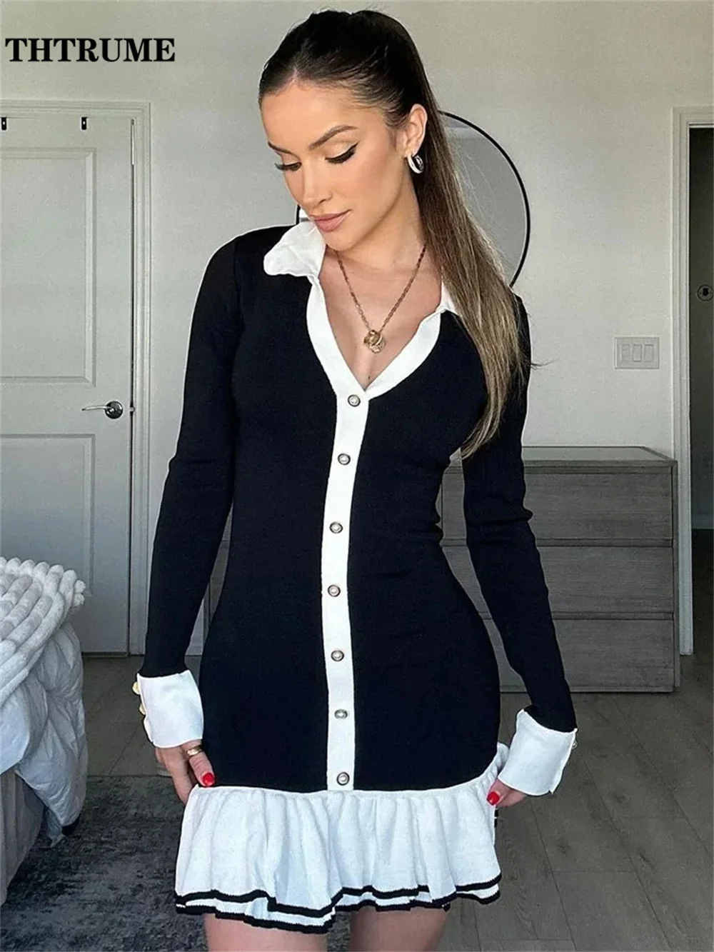 Sexy V-Neck Knit Dress Fashion Women Single Breasted Autumn Long Sleeve Ruffled Mini Dress Casual Lapel Elegant Office Vestidos