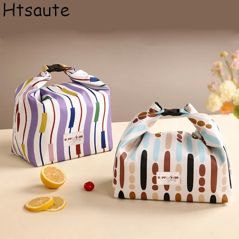 

1pcs Lunch Bag Cotton Canvas Large Striped Printed Drawstring Portable Thermal Insulated Picnic Storage Bento Box Bags