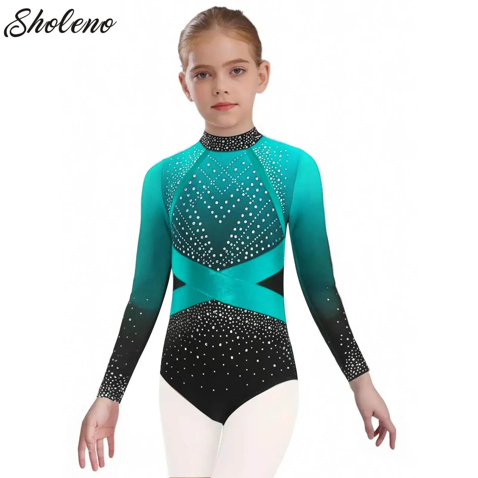 

Kids Ballet Leotard One Piece Cutout Back Body Suit Shiny Rhinestones Gymnastics Dance Sport Clothes Figure Skating Dancewear
