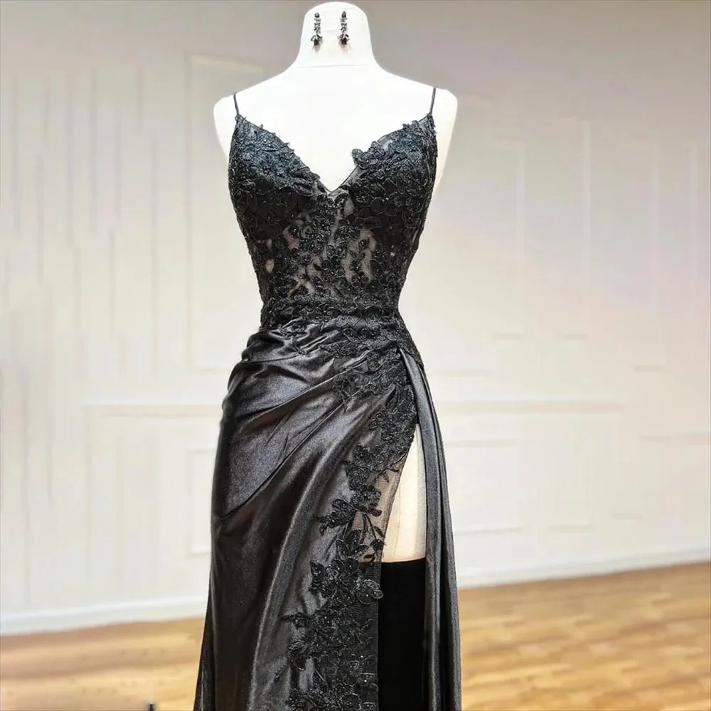 Black Evening Dress Long Luxury Spaghetti Strap Formal Dress High Split Party Gown 2024 Lace Appliques Formal Occasion Dresses