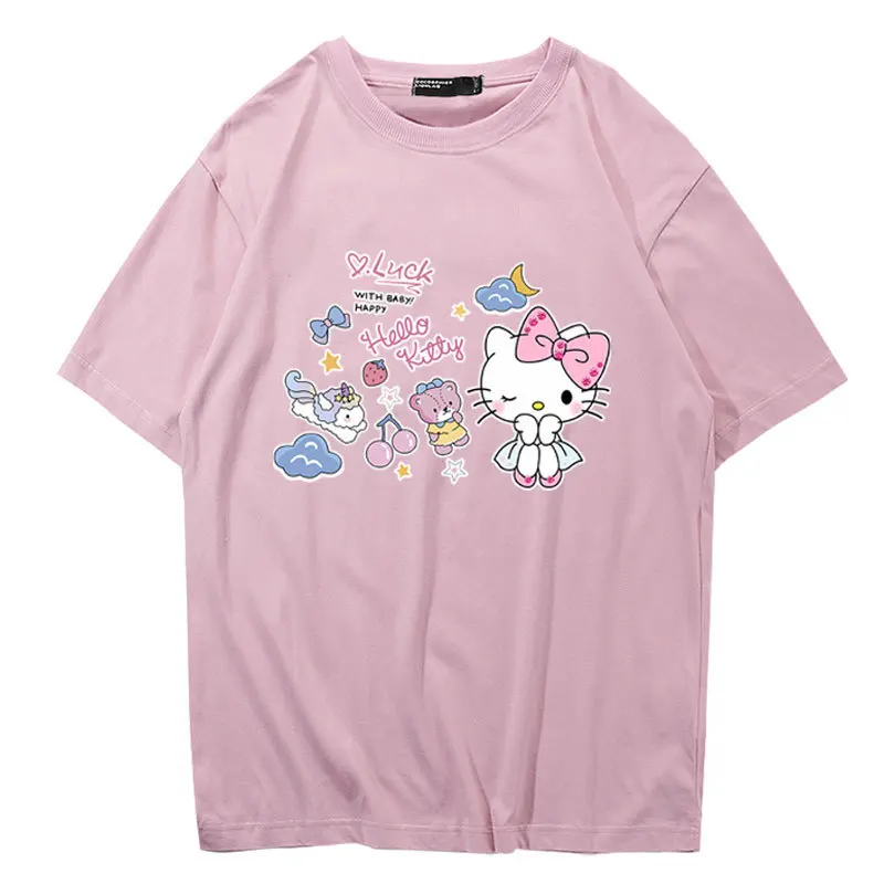 Anime Cartoon Hello Kitty Pattern Adult T-shirt Summer Breathable Short Sleeved Women's Fashion Casual Top Cosplay Costume