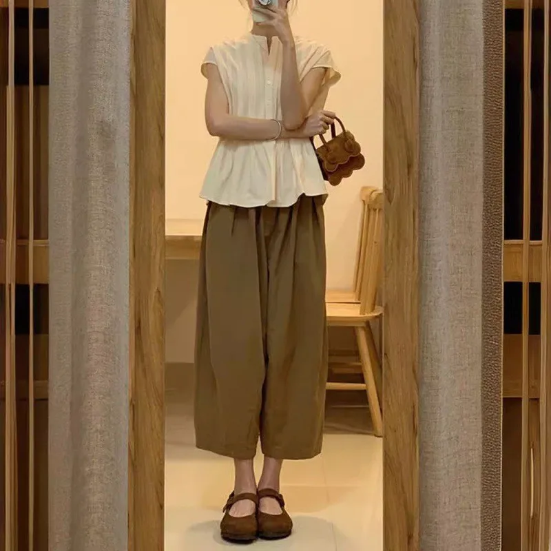 

Женские хлопковые льняные брюки ort Sve irt, летние уникальные брюки с открытым верхом, прямые брюки-фонарики, девять очков, Balloon Faion Sle