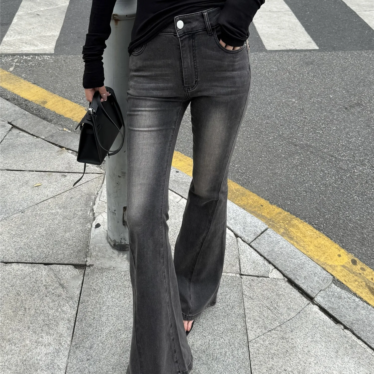 

Американские джинсы-колокольчики с высокой талией, облегающие джинсы, женские осенне-зимние новые брюки персикового цвета, винтажные джинсы длиной до пола, па...