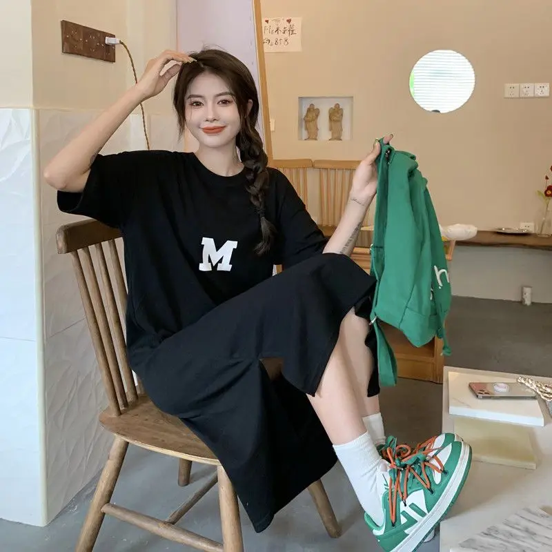 Women Clothing New Letter Printing Loose Lazy Style Midi Dress Short Sleeve O-neck Slit Hem Casual Dresses Fashion Korean Summer