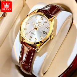 OLEVS Original Quartz Ladies Watch Leather strap Luxury Diamond Date Display Men's Watch Couple Watch Set Quartz Women's Watch