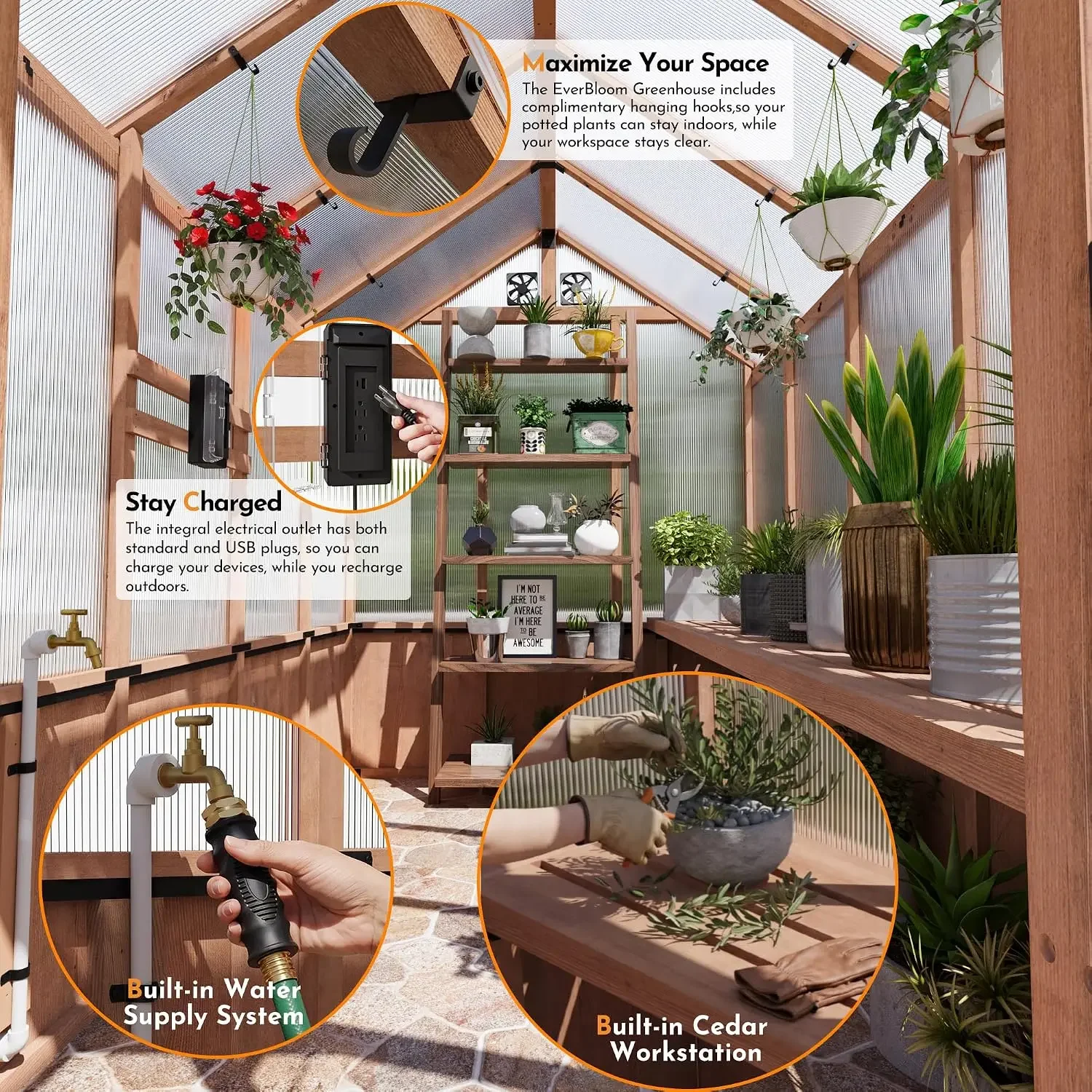 Modern Shade 6.5'x10' Wooden Greenhouse with USB Charging Power Strip, Customized