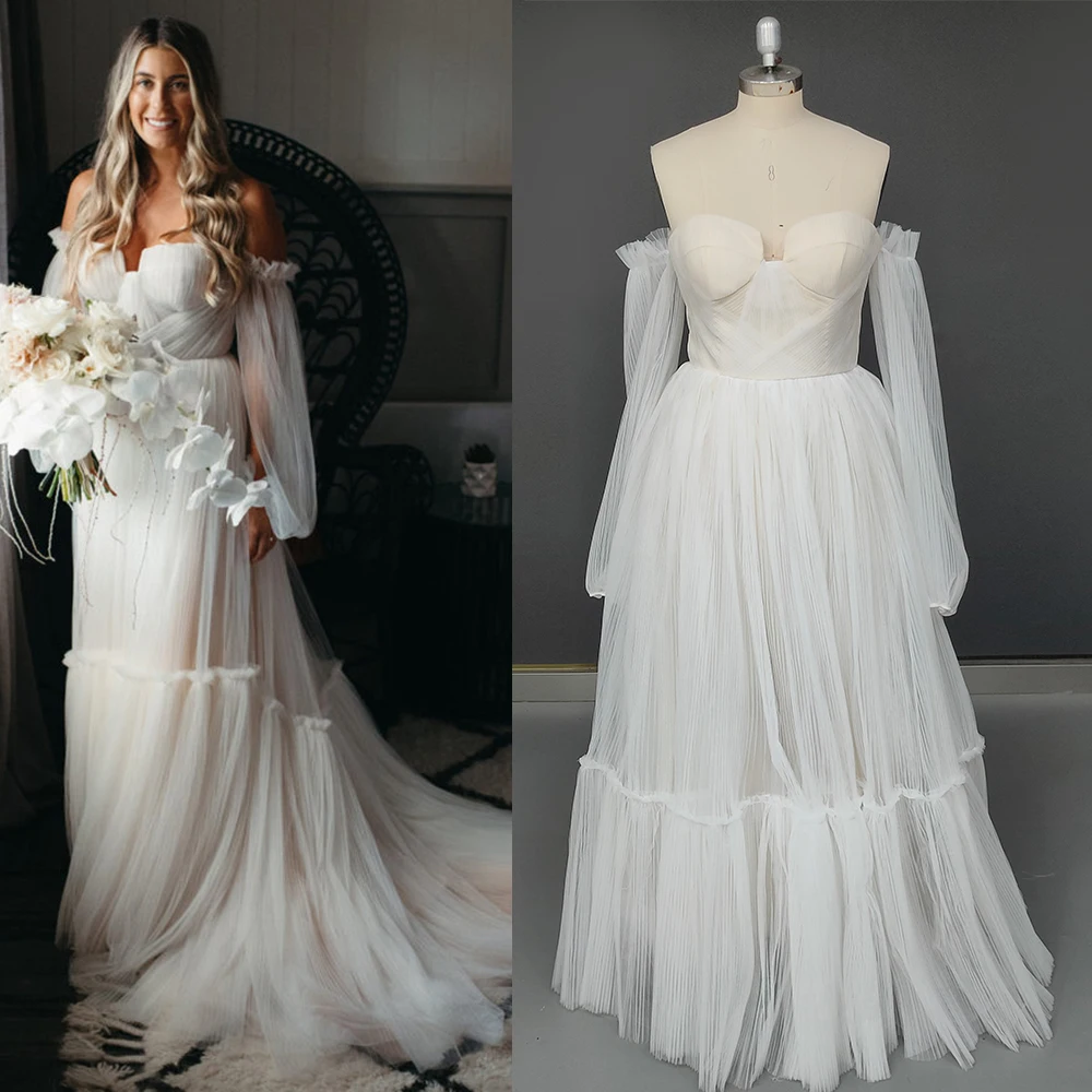 Long Bubble Sleeves Pleated Tulle Off Shoulder Bridal Gowns Customized Plus Size Maxi Ruched Sweetheart Princess Wedding Dress