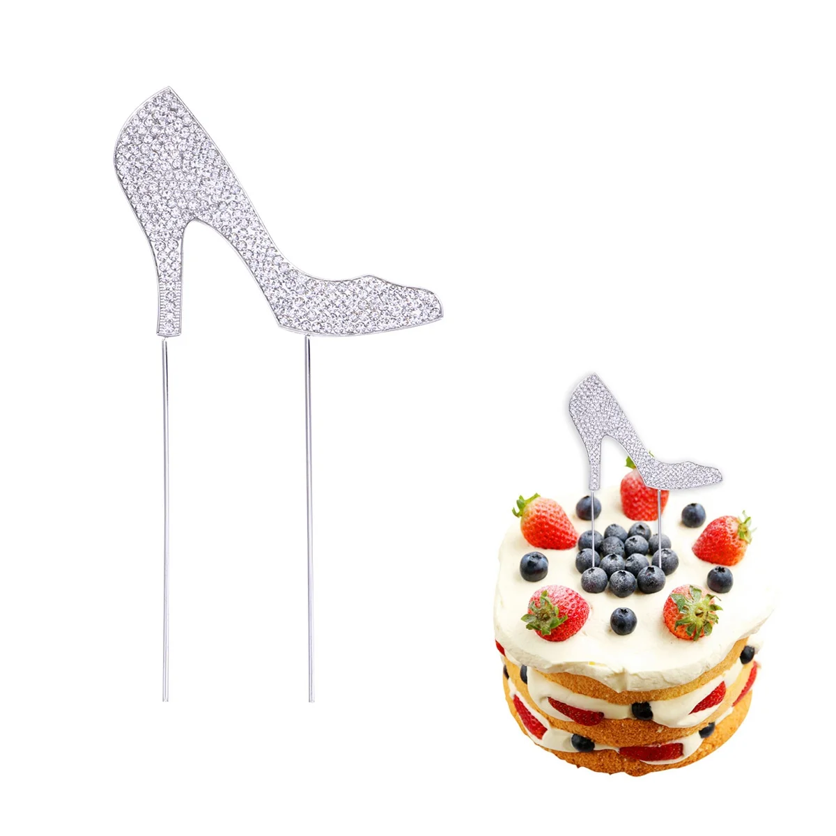 

1Pcs Cake Topper Rhinestone High Heeled Shoes Glitter Alloy Stylish Birthday Party Cupcake Picks Food Decoration Silver