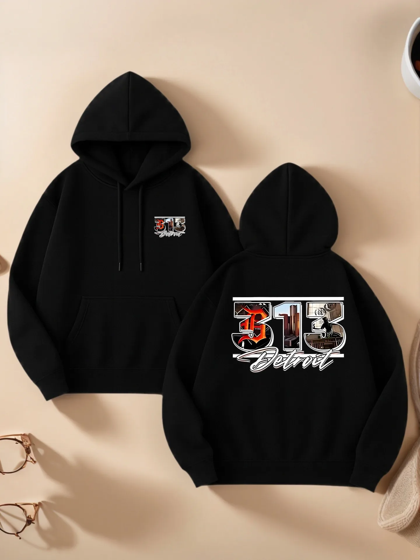 

Graphic Hoodie, Detroit - Themed Print, Streetwear Style, Fleece - Lined, Casual Everyday Wear, For Young Men